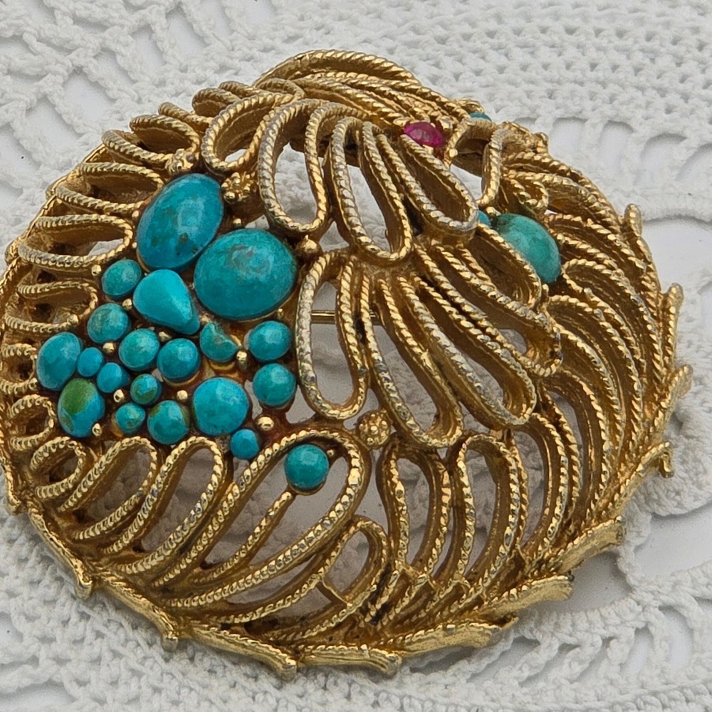 Vintage Capri Brooch Gold Turquoise Glass Pink Rhinestone Openwork Domed 2"